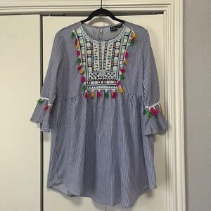 SR Fashion Blue White Stripe Tassel Embroidered Bell Sleeve‎ Tunic Top L